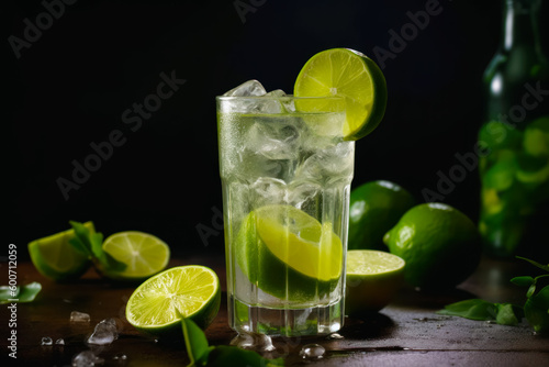 Glass of limeade with ice and limes around it on table. Generative AI.
