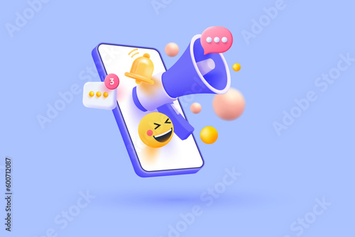 3D Mobile Phone with post in social media and Megaphone. Online promotion and marketing. Newsletter and adverting. Cartoon creative design icon isolated on purple background. 3D Vector Rendering