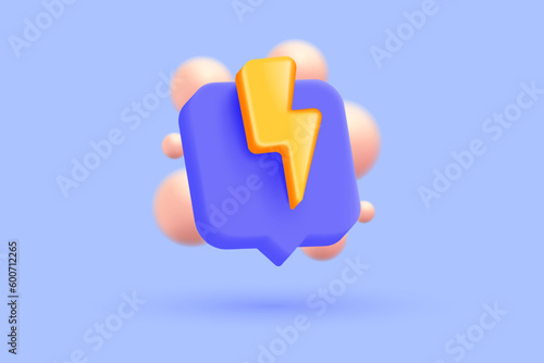 3D thunder bolt icon on purple background. Striking of thunderbolt energy spark, flash lightning, danger and power. 3d lightning strike. 3d vector render illustration