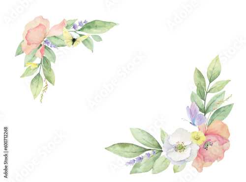 Wildflowers and Butterflies Watercolor vector wreath isolated on white backgr...