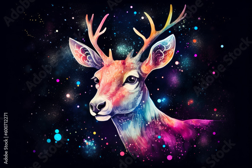 Image of deer's head with colorful stars in the background. Generative AI.