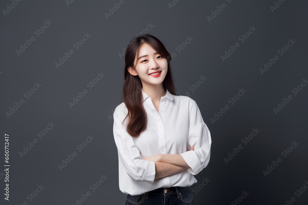 Asian woman is elegantly posing in a sleek white top and cloth against a pitch-black background, her captivating smile shining through. generative AI. Asian woman is elegantly posing in a sleek white top and cloth against a pitch-black background, her captivating smile shining through. generative AI.