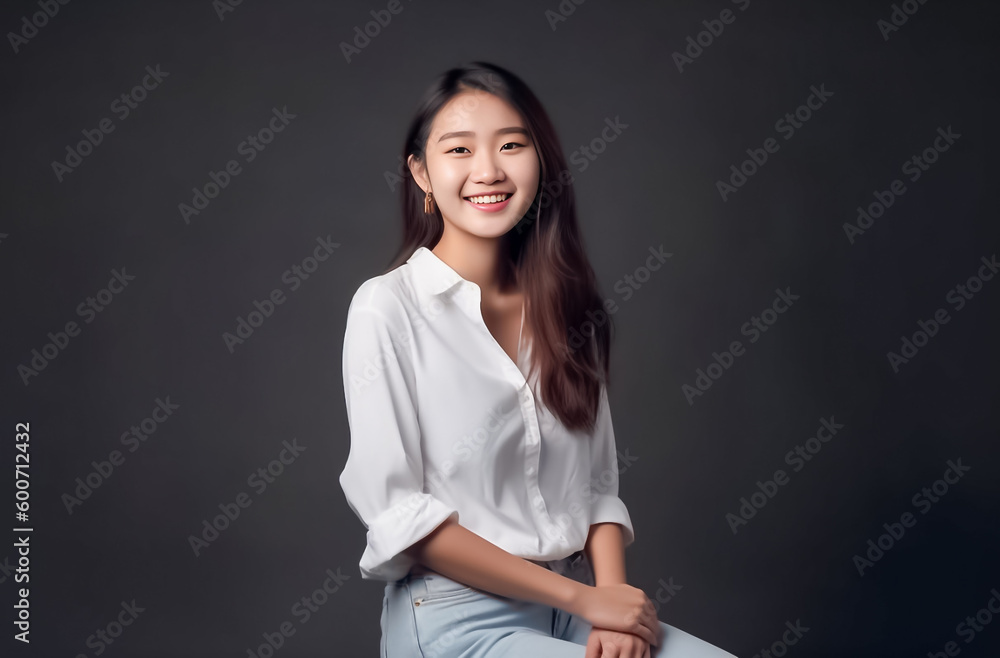 Asian woman is elegantly posing in a sleek white top and cloth against a pitch-black background, her captivating smile shining through. generative AI. Asian woman is elegantly posing in a sleek white top and cloth against a pitch-black background, her captivating smile shining through. generative AI.