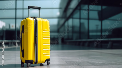 Yellow piece of luggage sitting on top of tile floor next to building. Generative AI.