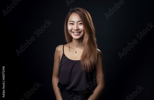 Asian woman is elegantly posing in a sleek black top and cloth against a pitch-black background, her captivating smile shining through. generative AI. © Surachetsh