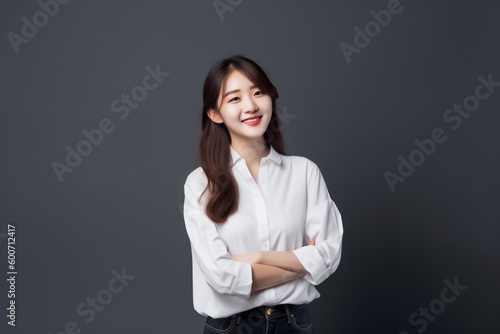 Asian woman is elegantly posing in a sleek white top and cloth against a pitch-black background, her captivating smile shining through. generative AI.
