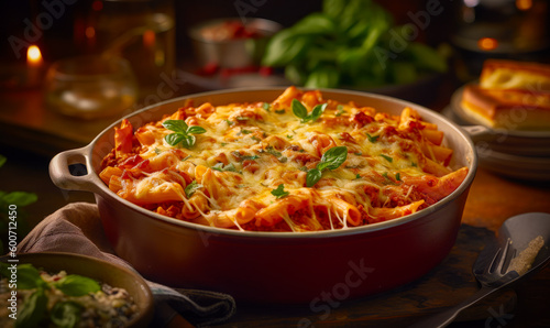 Casserole dish with tomato sauce, cheese, and spinach. Generative AI.