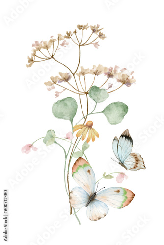 Wildflowers and Butterflies watercolor vector bouquet isolated on white backg...