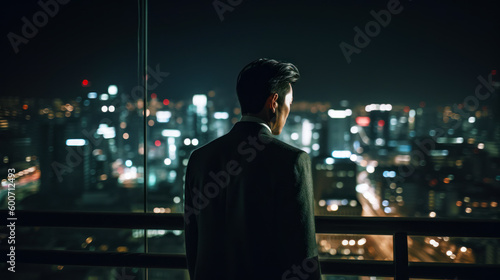Man standing in front of window looking at city at night. Generative AI.