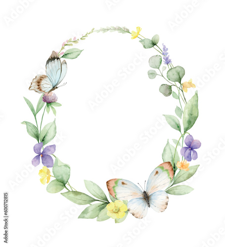 Wildflowers and Butterflies Watercolor vector wreath isolated on white backgr...