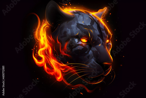 Close up of tiger's face on black background with orange and red flames. Generative AI.