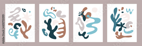 Set of trendy contemporary Matisse inspired interior posters with abstract doodle shapes. Modern minimalist wall art. Colored flat vector illustration