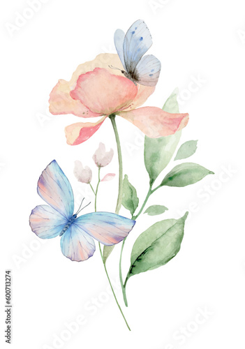 Wildflowers and Butterflies watercolor vector bouquet isolated on white background....