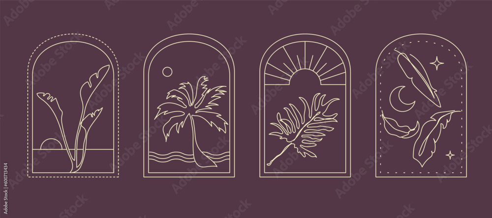 Abstract summer logo design template with palm trees, sea, sun, beach. Modern minimalist line icons, badges or emblems set for social media, travel agency, tropical spa. Isolated vector illustrations