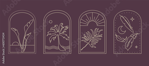 Abstract summer logo design template with palm trees, sea, sun, beach. Modern minimalist line icons, badges or emblems set for social media, travel agency, tropical spa. Isolated vector illustrations