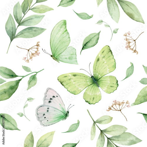 Wildflowers and Butterflies Watercolor vector seamless pattern.