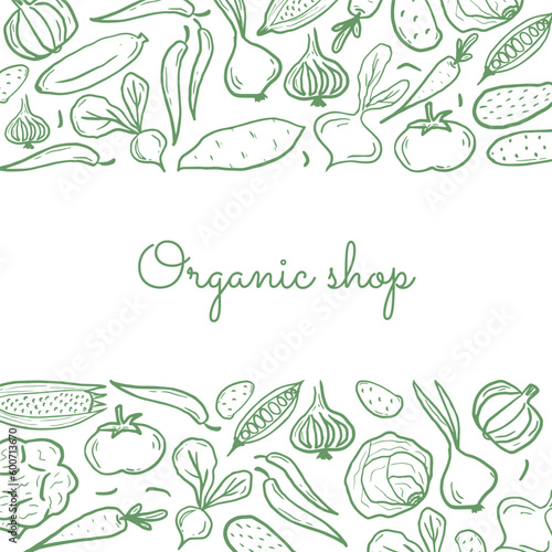Template for label design with hand drawn linear vegetables. Can be used for banner, vegan products, brochures, menu, farmers shop and organic food market