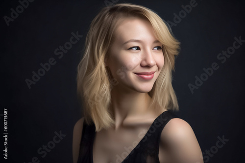 A smiling beautiful young blond American European woman posing in a black top and black cloth on a black background.
