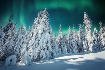 Aurora borealis over the frosty forest. Green northern lights above mountains. Night nature landscape with polar lights. Night winter landscape with aurora. Creative image. winter holiday concept.