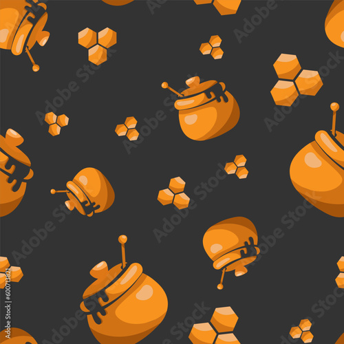 Seamless pattern with honey pots on a dark background.