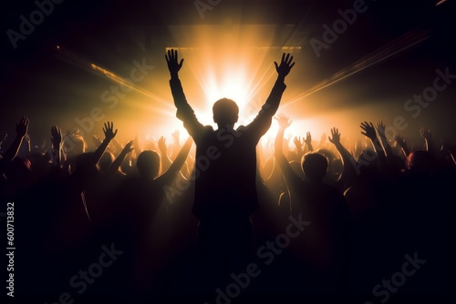 Fan raising hands yellow light. Generate Ai