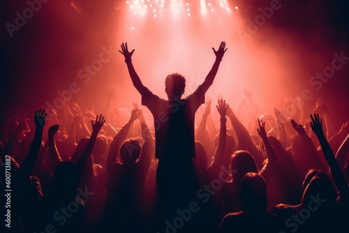 Fan raising hands red stage. Generate Ai