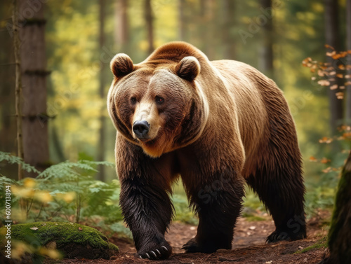 Brown bear walking slowly through the forest.