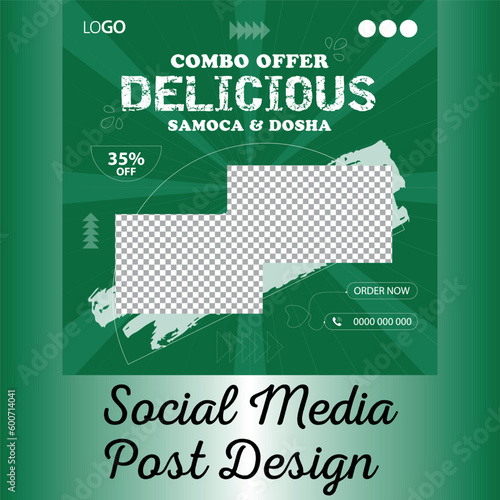 Fast food restaurant menu social media marketing web banner template design. dosa samoca roll  and healthy food business online promotion with square abstract background, logo and icon. Sale cover.