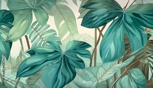 Fototapeta Naklejka Na Ścianę i Meble -  Design featuring leaf illustrations, nature-inspired elements, and tropical plants brings a touch of summer to any project, showcasing modern botanical aesthetics. Drawing monstera palm. Generative AI