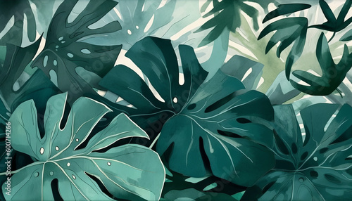 Wallpaper Mural Design featuring leaf illustrations, nature-inspired elements, and tropical plants brings a touch of summer to any project, showcasing modern botanical aesthetics. Drawing monstera palm. Generative AI Torontodigital.ca