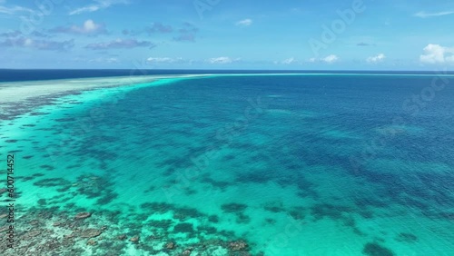 Ravishing Coral Reef Under Clear Blue Ocean In Tropical Paradise Island In The Philippines. aerial pullback