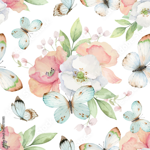 Wildflowers and Butterflies Watercolor vector seamless pattern.