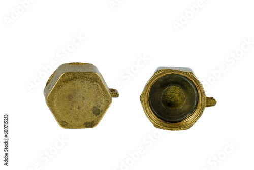 Billede på lærred Plug stopgap nut on the pipe thread 1/2, close up plumbing fixtures on white ba