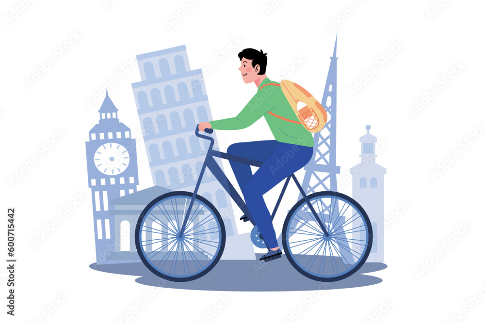 A man rents a bike to explore the city. A man rents a bike to explore the city.