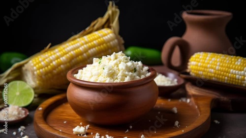 esquite corn mixed with creamy mayonesai, in a in a cup on a yellow background, generativ ai photo