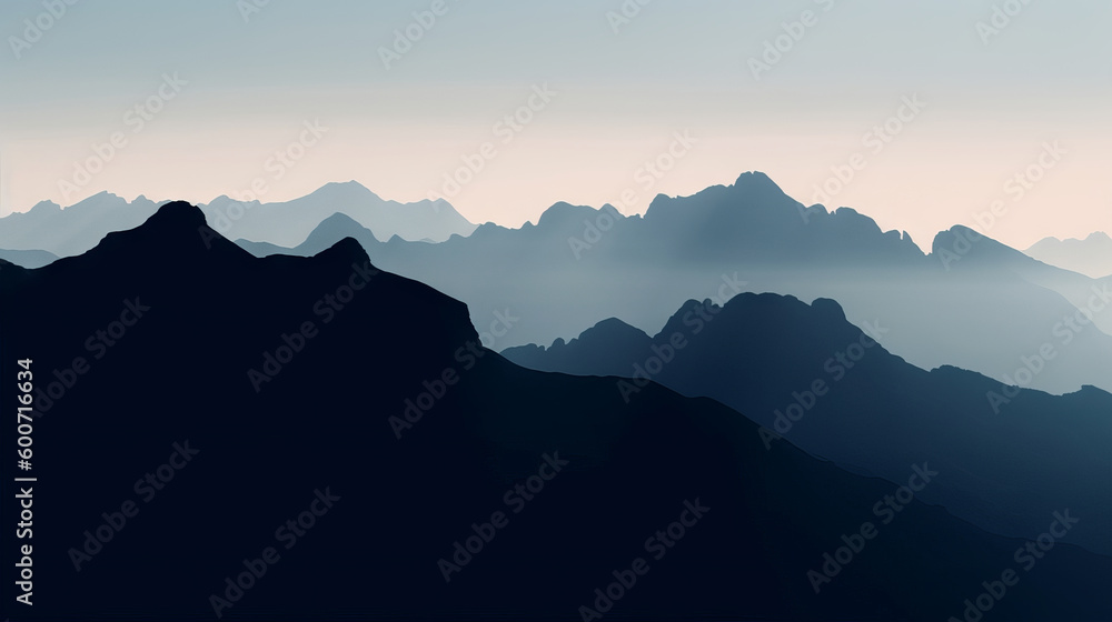 Mountain landscape features a stunning silhouette against the sky, with hills, clouds, and nature coming together. Breathtaking outdoor panorama. Calming wallpaper for hiker, traveler. Generative AI