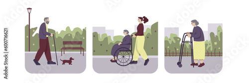 Vector set illustrations of senior citizen walk outdoors