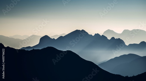 Mountain landscape features a stunning silhouette against the sky, with hills, clouds, and nature coming together. Breathtaking outdoor panorama. Calming wallpaper for hiker, traveler. Generative AI