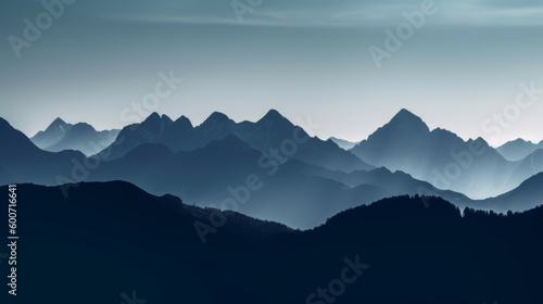 Mountain landscape features a stunning silhouette against the sky, with hills, clouds, and nature coming together. Breathtaking outdoor panorama. Calming wallpaper for hiker, traveler. Generative AI © Fortis Design