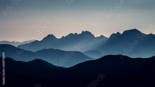 Mountain landscape features a stunning silhouette against the sky  with hills  clouds  and nature coming together. Breathtaking outdoor panorama. Calming wallpaper for hiker  traveler. Generative AI