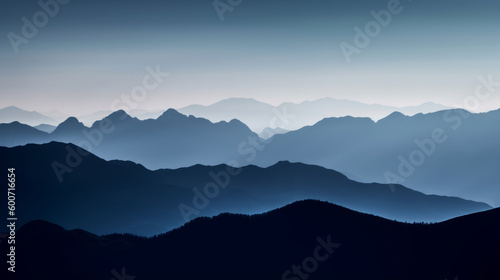 Mountain landscape features a stunning silhouette against the sky, with hills, clouds, and nature coming together. Breathtaking outdoor panorama. Calming wallpaper for hiker, traveler. Generative AI photo