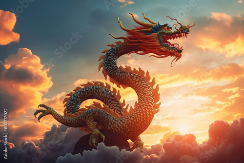 Chinese mythical dragon at flight and evening cloudy sky background generative ai