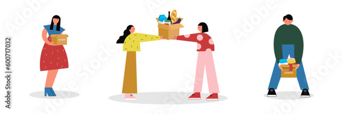 Volunteers help with food for poor people illustrations set