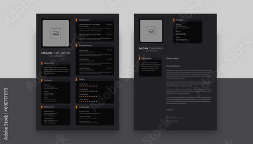 Professional and Clean CV Resume Template Design and Letterhead  Cover Letter for Ui Ux Designer. Cv Layout with Photo Placeholder. Vector Minimalist Style (ID: 600717075)