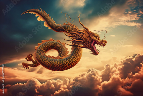 Chinese mythical dragon at flight and evening cloudy sky background generative ai © Tohamina