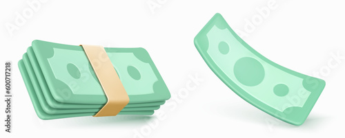Dollar banknotes bundle and single bill isolated on white background. 3d icons of finance, payment with paper money cash, stack of bank currency, vector illustration