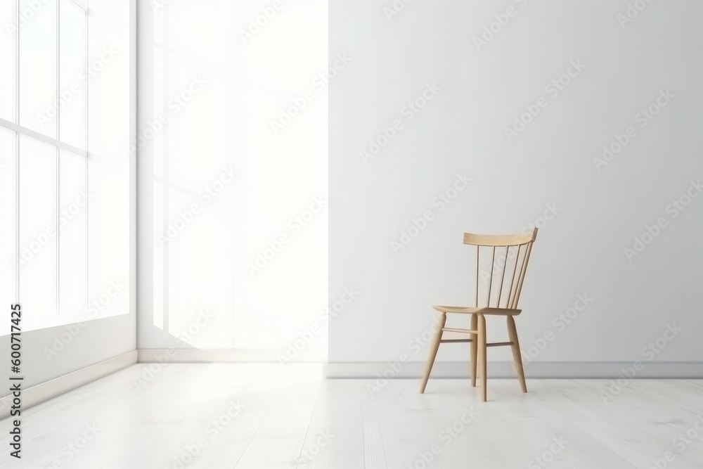 Wood chair white room. Generate Ai