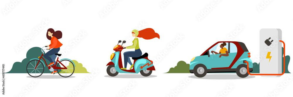 Illustrations set of cartoon girls riding bicycle, motorcycle and electric car Illustrations set of cartoon girls riding bicycle, motorcycle and electric car