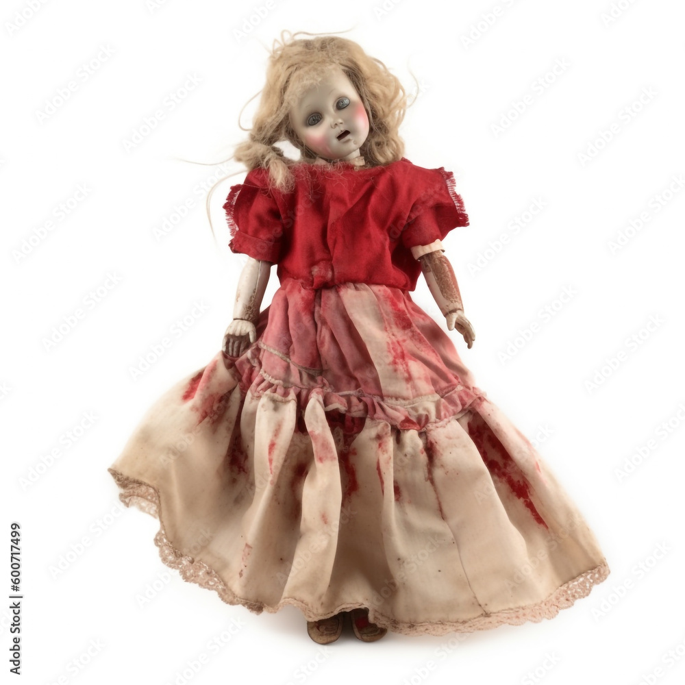 Eerie haunted porcelain doll in a red blood-stained dress. Created with Generative AI. Eerie haunted porcelain doll in a red blood-stained dress. Created with Generative AI.