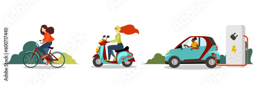 Illustrations set of cartoon girls riding bicycle, motorcycle and electric car